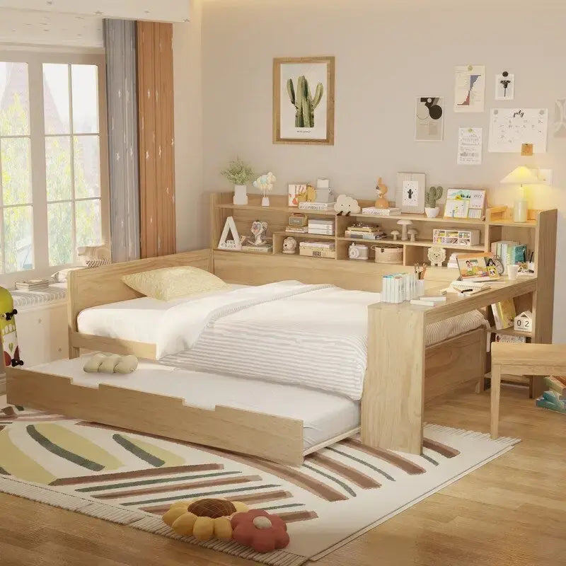 Lit de jour multifonctionnel double/grand format avec étagères de rangement et bureau, cadre de lit plateforme en bois avec lit gigogne double