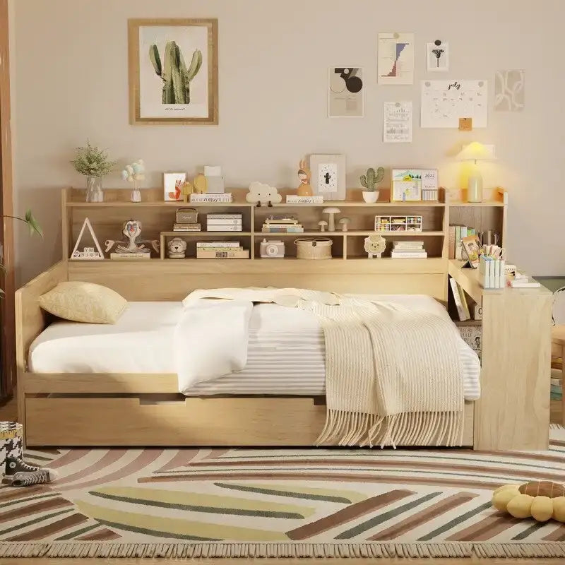 Lit de jour multifonctionnel double/grand format avec étagères de rangement et bureau, cadre de lit plateforme en bois avec lit gigogne double