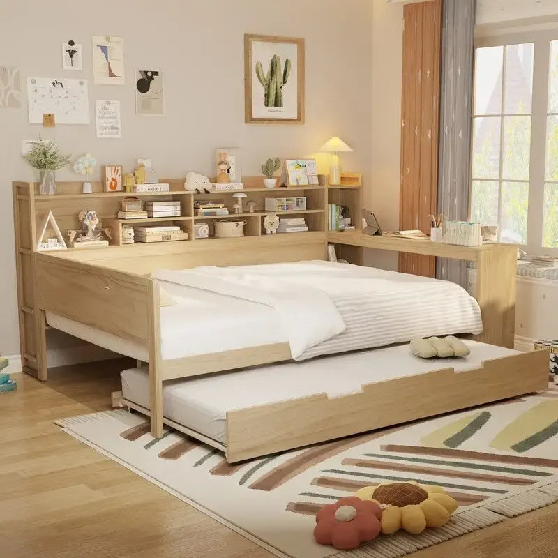 Lit de jour multifonctionnel double/grand format avec étagères de rangement et bureau, cadre de lit plateforme en bois avec lit gigogne double