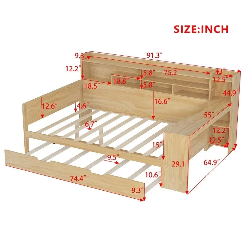 Lit de jour multifonctionnel double/grand format avec étagères de rangement et bureau, cadre de lit plateforme en bois avec lit gigogne double