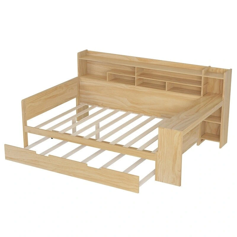 Lit de jour multifonctionnel double/grand format avec étagères de rangement et bureau, cadre de lit plateforme en bois avec lit gigogne double
