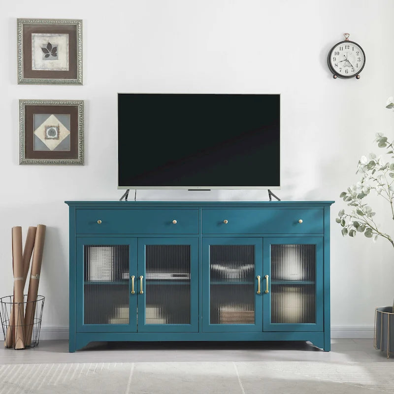 Meubles TV bleu sarcelle modernes style bord de mer avec 2 placards de rangement, 2 tiroirs et poignées dorées pour salon et chambre