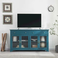 Meubles TV bleu sarcelle modernes style bord de mer avec 2 placards de rangement, 2 tiroirs et poignées dorées pour salon et chambre