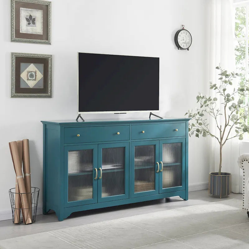 Meubles TV bleu sarcelle modernes style bord de mer avec 2 placards de rangement, 2 tiroirs et poignées dorées pour salon et chambre