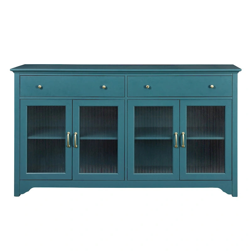Meubles TV bleu sarcelle modernes style bord de mer avec 2 placards de rangement, 2 tiroirs et poignées dorées pour salon et chambre