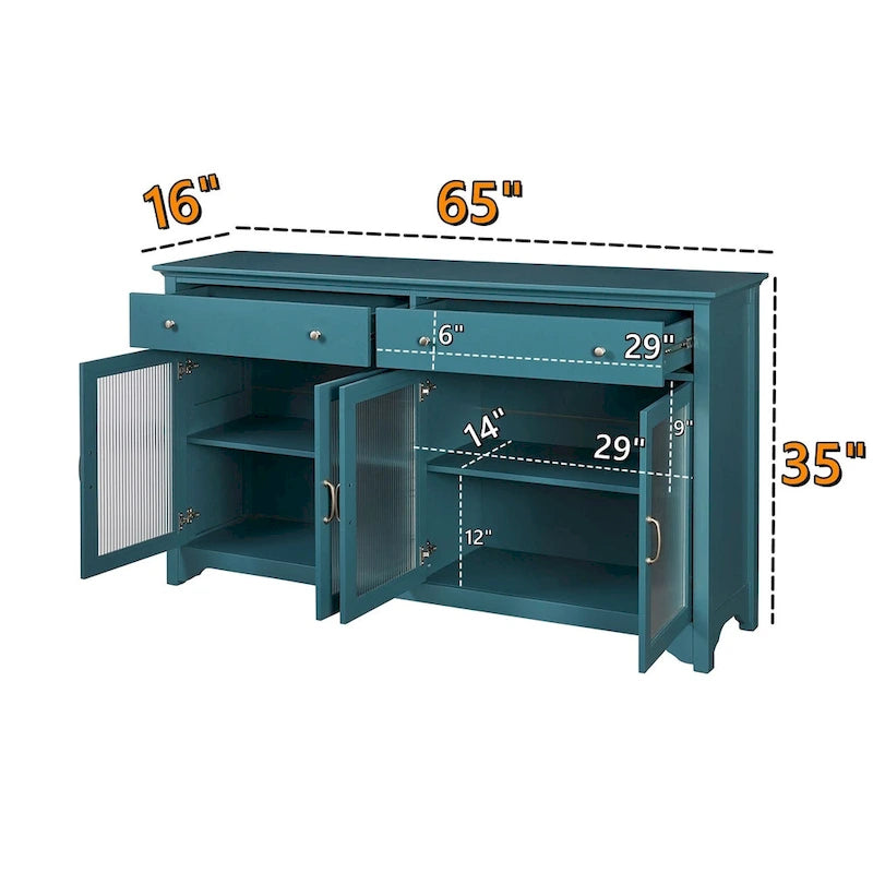 Meubles TV bleu sarcelle modernes style bord de mer avec 2 placards de rangement, 2 tiroirs et poignées dorées pour salon et chambre