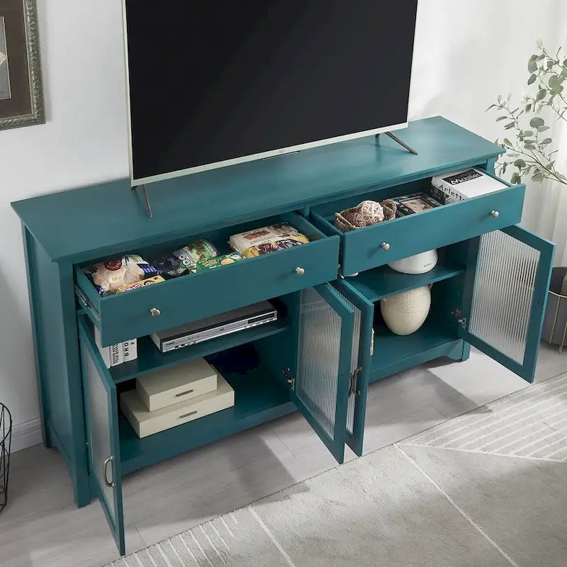 Meubles TV bleu sarcelle modernes style bord de mer avec 2 placards de rangement, 2 tiroirs et poignées dorées pour salon et chambre
