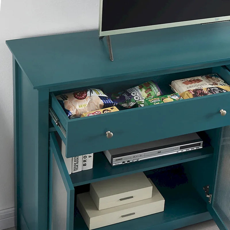 Meubles TV bleu sarcelle modernes style bord de mer avec 2 placards de rangement, 2 tiroirs et poignées dorées pour salon et chambre
