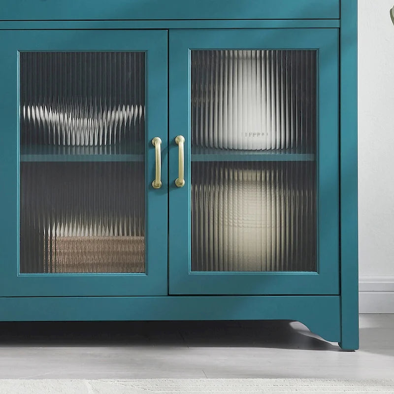 Meubles TV bleu sarcelle modernes style bord de mer avec 2 placards de rangement, 2 tiroirs et poignées dorées pour salon et chambre
