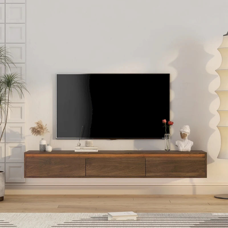 Meuble TV flottant moderne en bois avec 3 armoires de rangement et lumières LED pour salon, chambre et cinéma maison