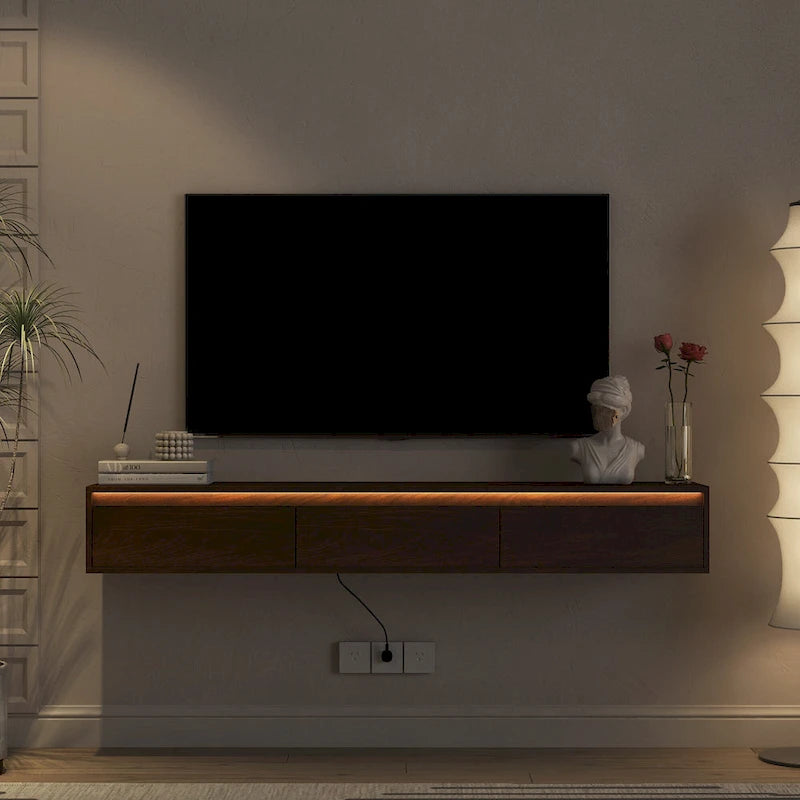 Meuble TV flottant moderne en bois avec 3 armoires de rangement et lumières LED pour salon, chambre et cinéma maison