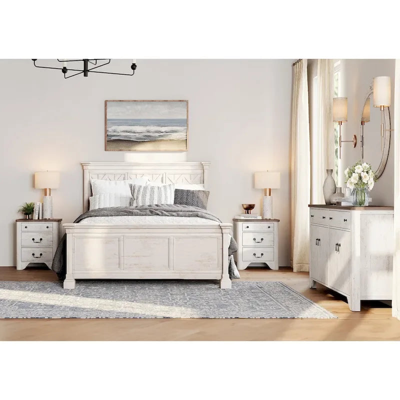 WAMPAT Ensemble de chambre à coucher 3 pièces de style Ferme, Grand Buffet/Bahut de 150 cm de large, et Tables de chevet en bois (lot de 2) avec station de recharge