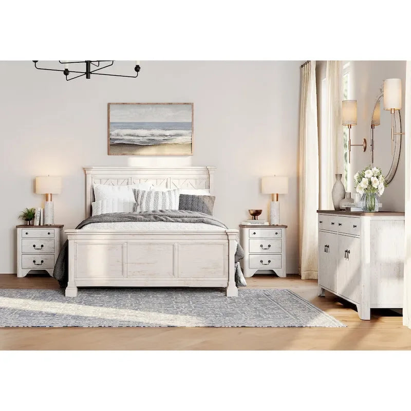 WAMPAT Farmhouse 3PCS Bedroom Set, 59 W Large Sideboard Buffet Cabinet,and Wood Nightstands Set of 2 with Charging Station