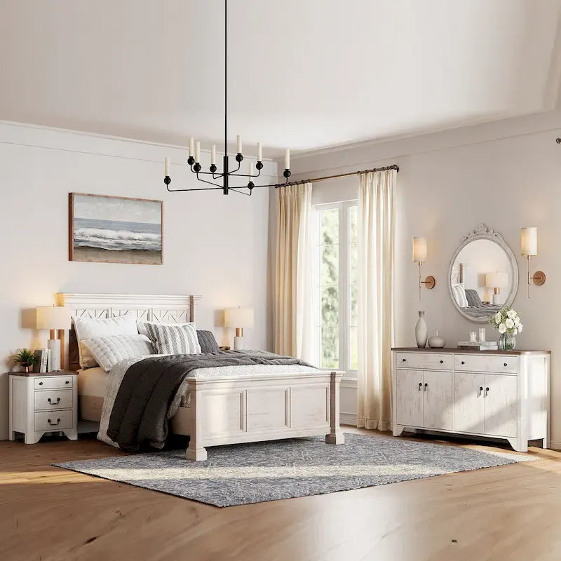 WAMPAT Ensemble de chambre à coucher 3 pièces de style Ferme, Grand Buffet/Bahut de 150 cm de large, et Tables de chevet en bois (lot de 2) avec station de recharge