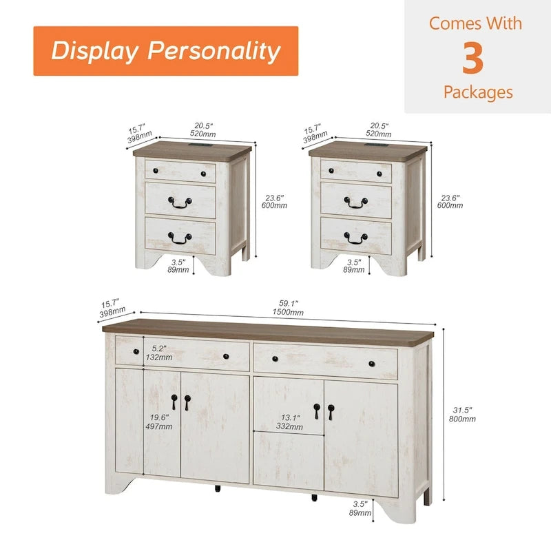 WAMPAT Ensemble de chambre à coucher 3 pièces de style Ferme, Grand Buffet/Bahut de 150 cm de large, et Tables de chevet en bois (lot de 2) avec station de recharge