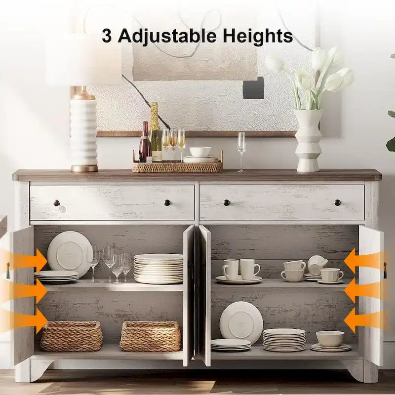 WAMPAT Ensemble de chambre à coucher 3 pièces de style Ferme, Grand Buffet/Bahut de 150 cm de large, et Tables de chevet en bois (lot de 2) avec station de recharge