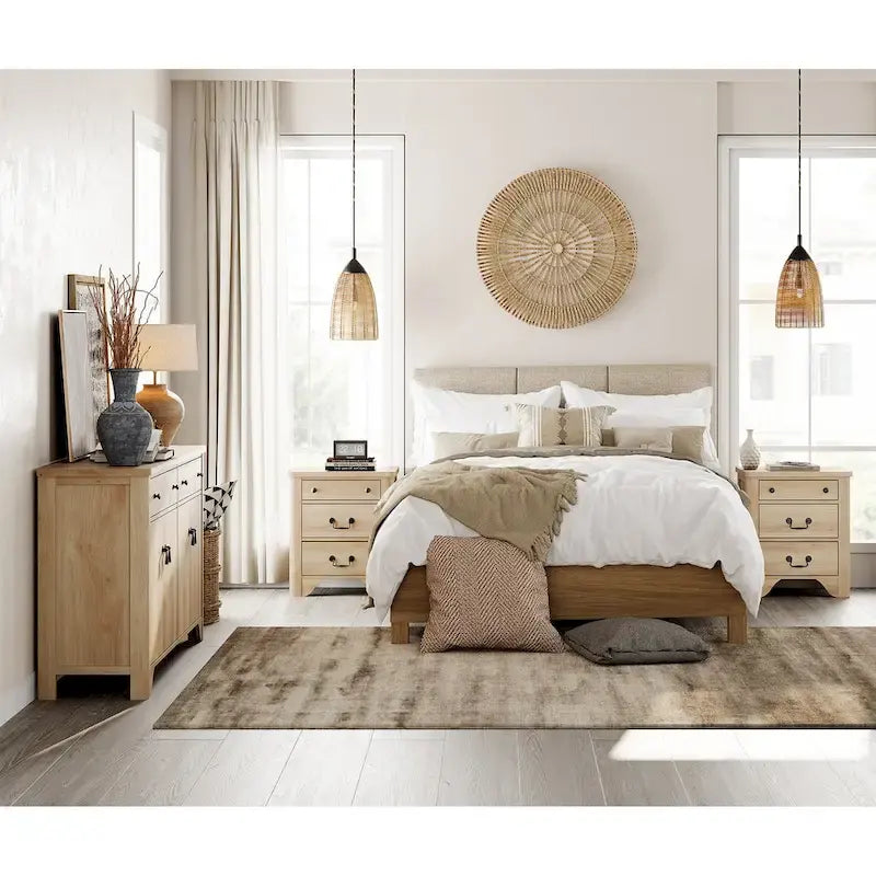 WAMPAT Ensemble de chambre à coucher 3 pièces de style Ferme, Grand Buffet/Bahut de 150 cm de large, et Tables de chevet en bois (lot de 2) avec station de recharge