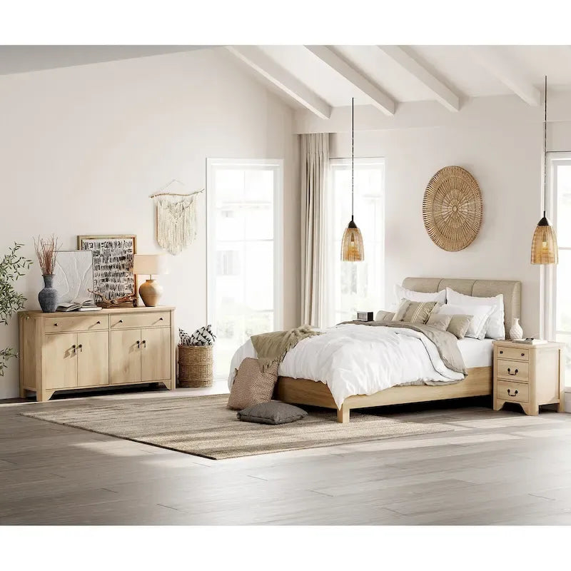 WAMPAT Ensemble de chambre à coucher 3 pièces de style Ferme, Grand Buffet/Bahut de 150 cm de large, et Tables de chevet en bois (lot de 2) avec station de recharge