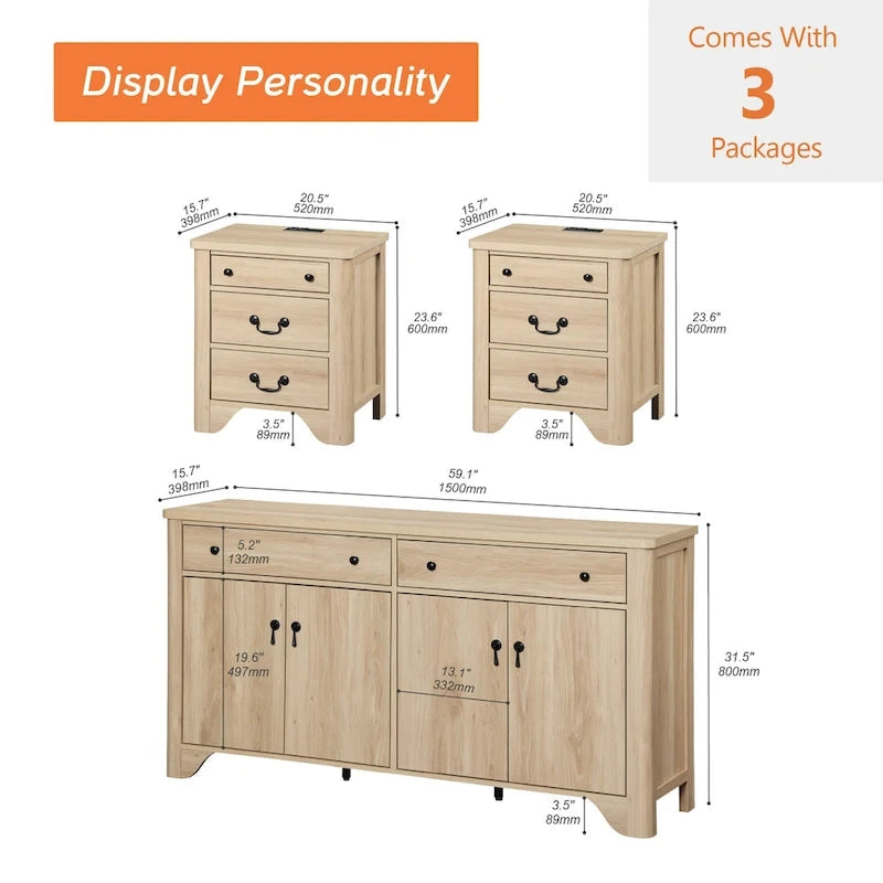 WAMPAT Ensemble de chambre à coucher 3 pièces de style Ferme, Grand Buffet/Bahut de 150 cm de large, et Tables de chevet en bois (lot de 2) avec station de recharge