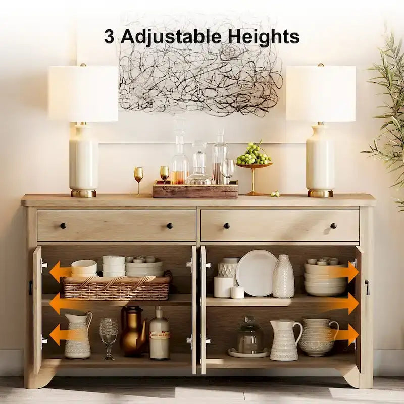 WAMPAT Ensemble de chambre à coucher 3 pièces de style Ferme, Grand Buffet/Bahut de 150 cm de large, et Tables de chevet en bois (lot de 2) avec station de recharge