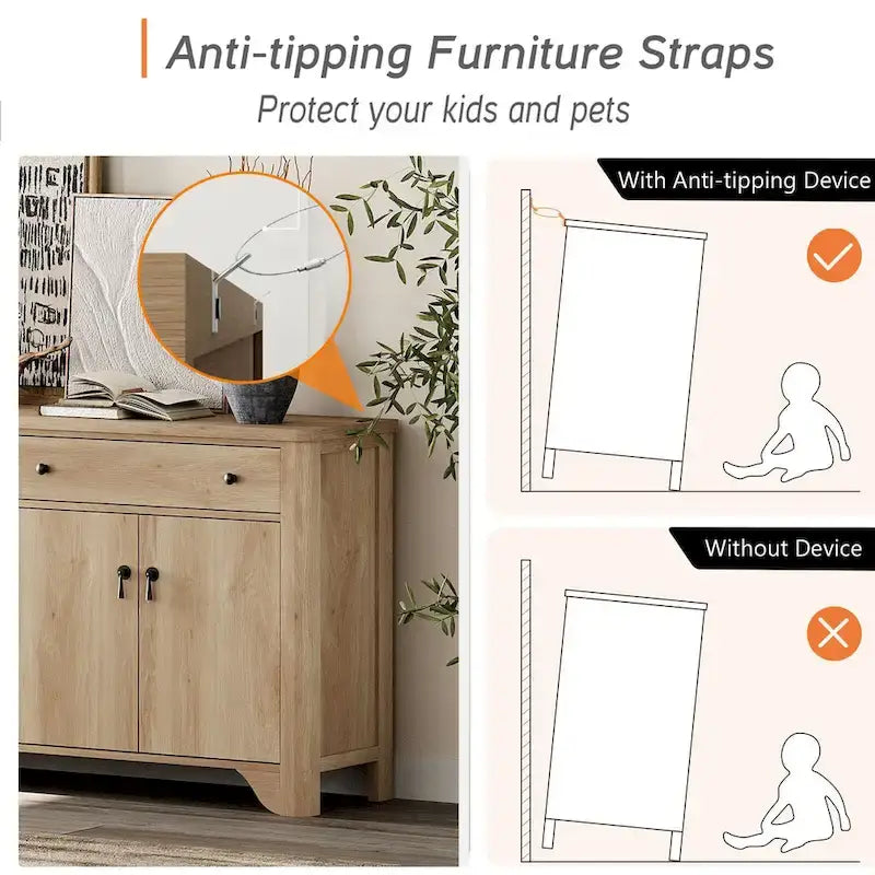 WAMPAT Ensemble de chambre à coucher 3 pièces de style Ferme, Grand Buffet/Bahut de 150 cm de large, et Tables de chevet en bois (lot de 2) avec station de recharge