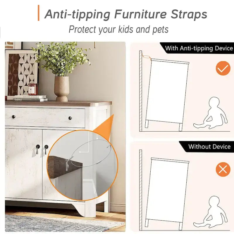 WAMPAT Ensemble de chambre à coucher 3 pièces de style Ferme, Grand Buffet/Bahut de 150 cm de large, et Tables de chevet en bois (lot de 2) avec station de recharge