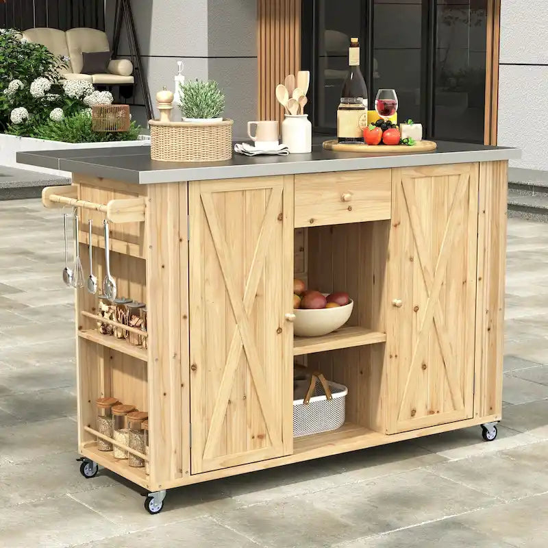 Îlot de cuisine extérieur en bois de sapin massif avec plateau en acier inoxydable, chariot extérieur mobile avec portes de grange, tiroir