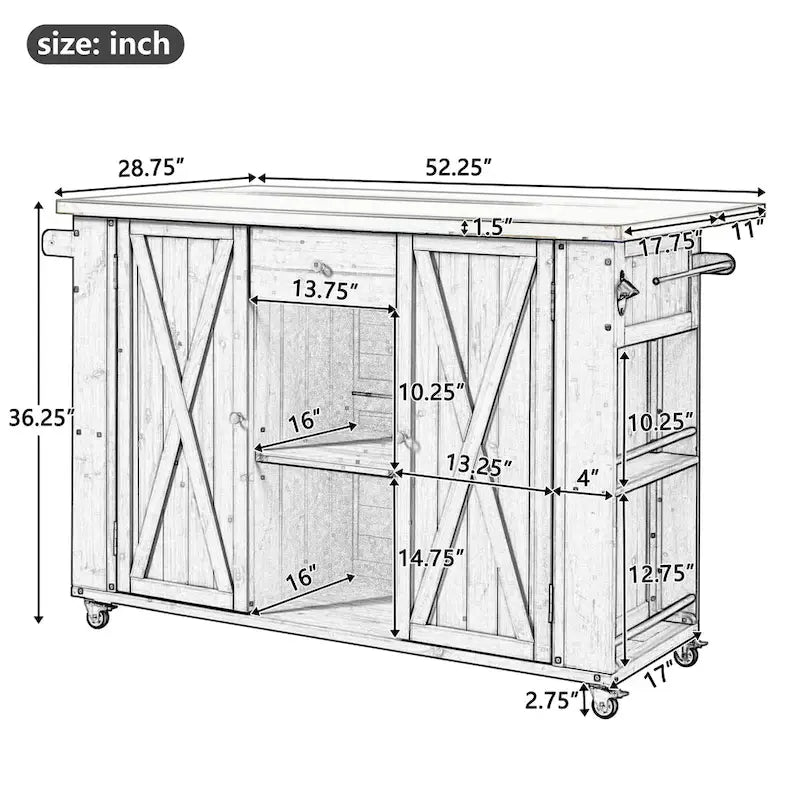 Îlot de cuisine extérieur en bois de sapin massif avec plateau en acier inoxydable, chariot extérieur mobile avec portes de grange, tiroir