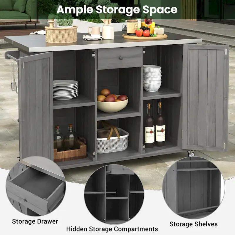Îlot de cuisine extérieur en bois de sapin massif avec plateau en acier inoxydable, chariot extérieur mobile avec portes de grange, tiroir