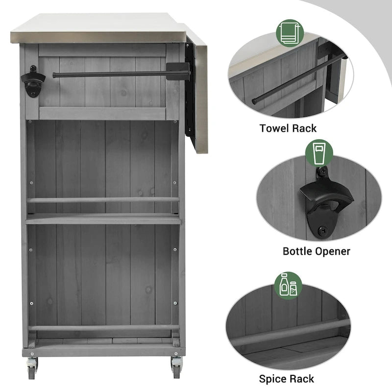 Îlot de cuisine extérieur en bois de sapin massif avec plateau en acier inoxydable, chariot extérieur mobile avec portes de grange, tiroir