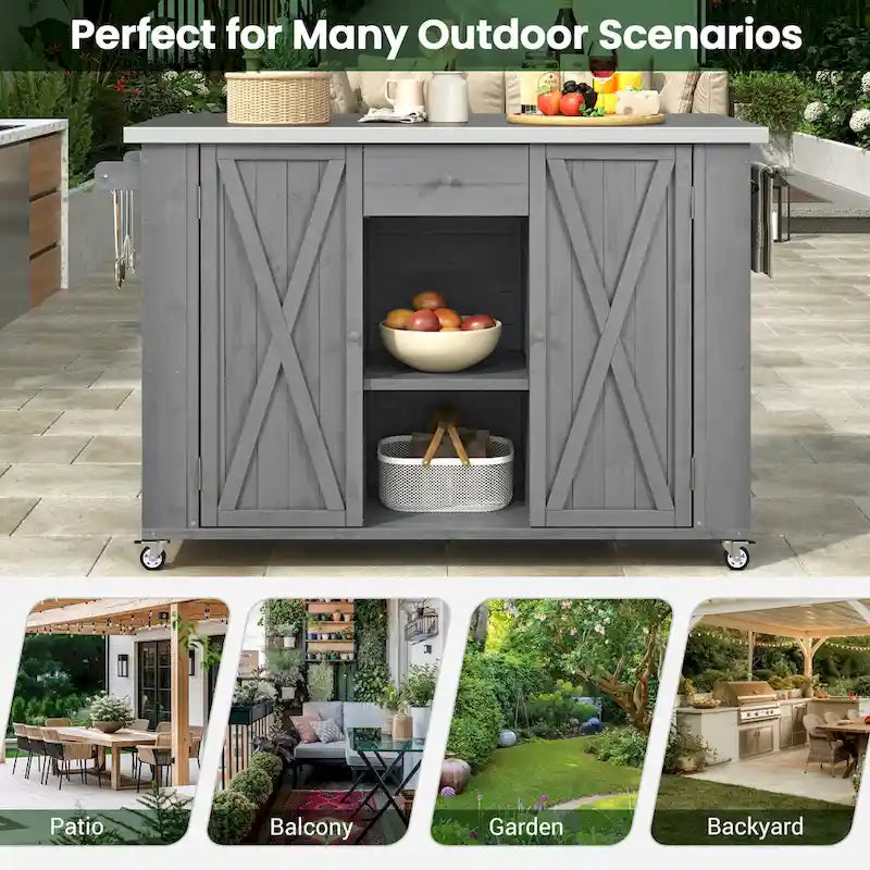 Îlot de cuisine extérieur en bois de sapin massif avec plateau en acier inoxydable, chariot extérieur mobile avec portes de grange, tiroir