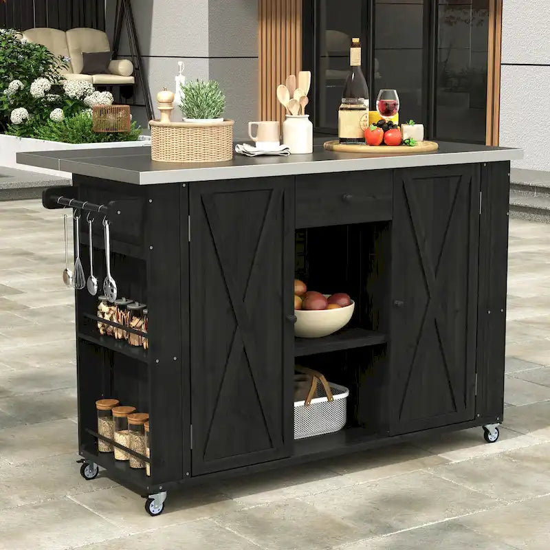 Îlot de cuisine extérieur en bois de sapin massif avec plateau en acier inoxydable, chariot extérieur mobile avec portes de grange, tiroir