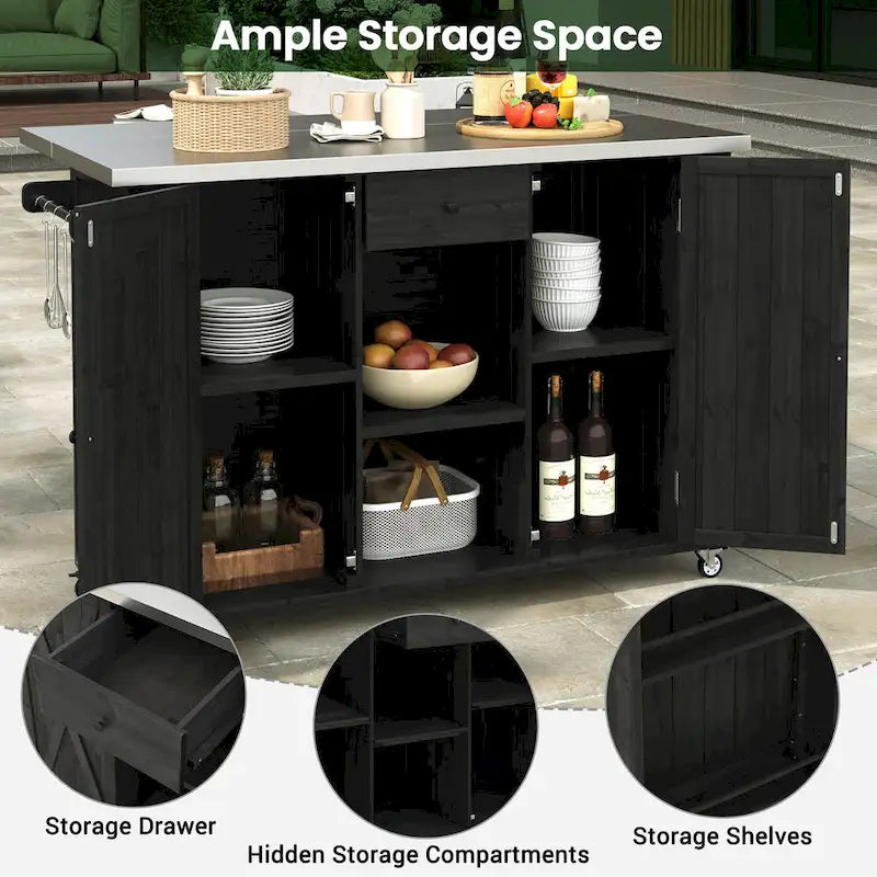 Îlot de cuisine extérieur en bois de sapin massif avec plateau en acier inoxydable, chariot extérieur mobile avec portes de grange, tiroir