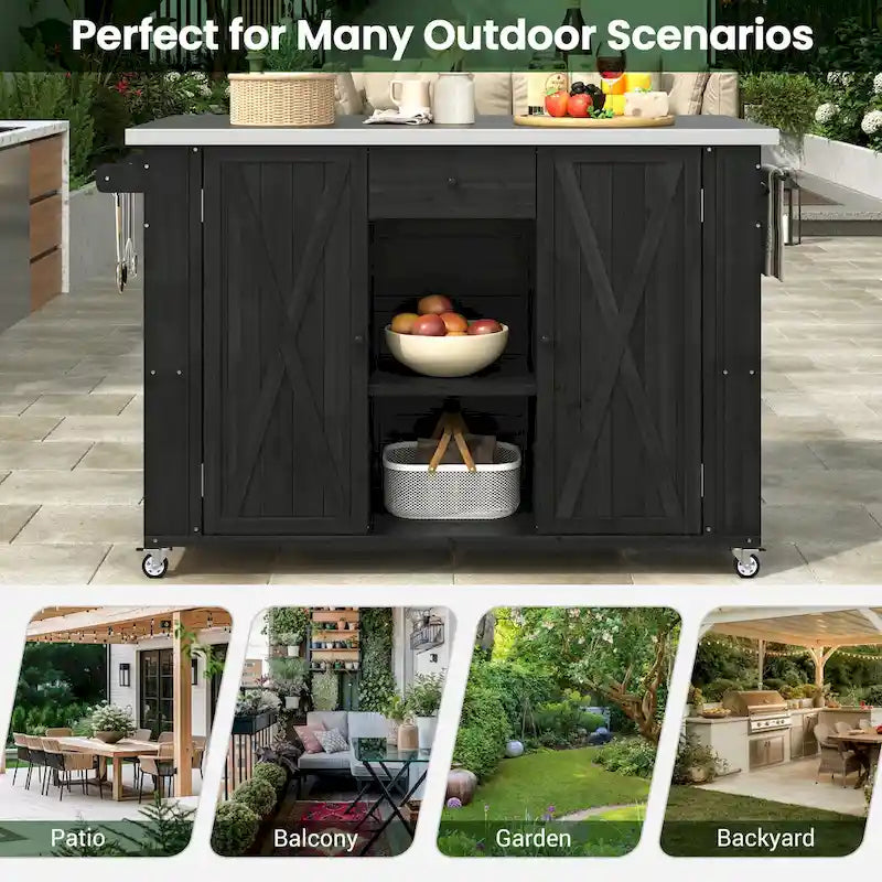 Îlot de cuisine extérieur en bois de sapin massif avec plateau en acier inoxydable, chariot extérieur mobile avec portes de grange, tiroir