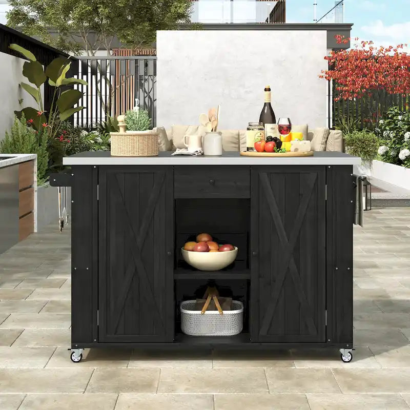 Îlot de cuisine extérieur en bois de sapin massif avec plateau en acier inoxydable, chariot extérieur mobile avec portes de grange, tiroir