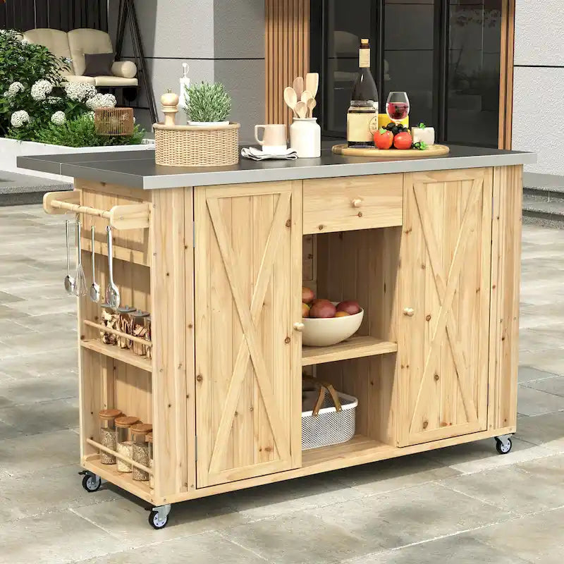 Îlot de cuisine extérieur en bois de sapin massif avec plateau en acier inoxydable, chariot extérieur mobile avec portes de grange, tiroir