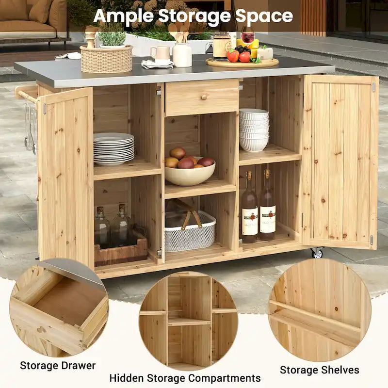 Îlot de cuisine extérieur en bois de sapin massif avec plateau en acier inoxydable, chariot extérieur mobile avec portes de grange, tiroir