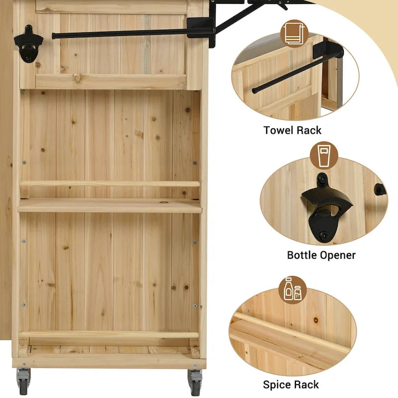 Îlot de cuisine extérieur en bois de sapin massif avec plateau en acier inoxydable, chariot extérieur mobile avec portes de grange, tiroir