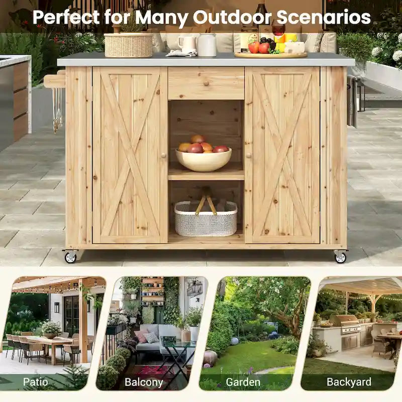 Îlot de cuisine extérieur en bois de sapin massif avec plateau en acier inoxydable, chariot extérieur mobile avec portes de grange, tiroir