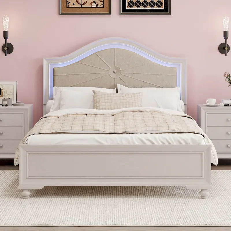 Lit double moderne en bois avec éclairage LED caché, tête de lit incurvée rembourrée, aucun sommier tapissier requis, gris crème
