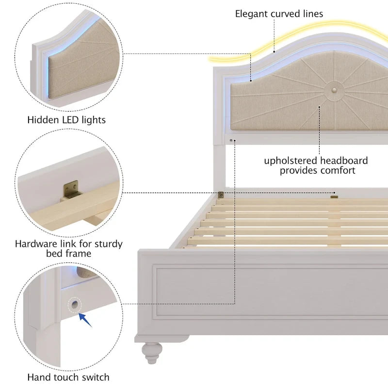 Lit double moderne en bois avec éclairage LED caché, tête de lit incurvée rembourrée, aucun sommier tapissier requis, gris crème
