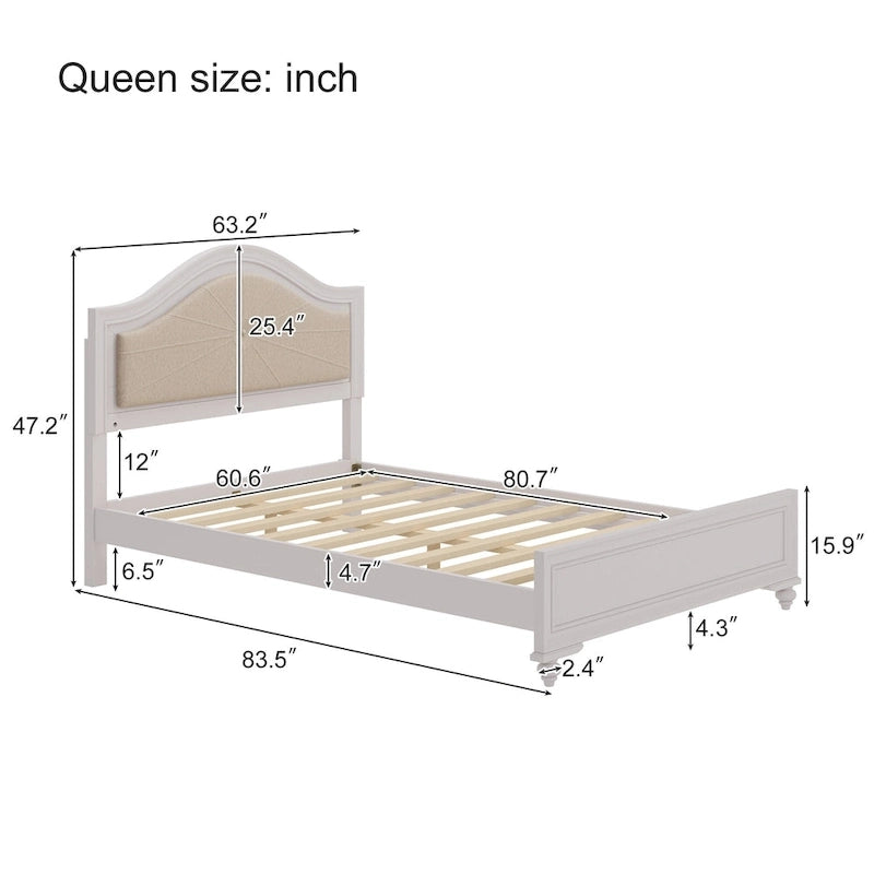 Lit double moderne en bois avec éclairage LED caché, tête de lit incurvée rembourrée, aucun sommier tapissier requis, gris crème