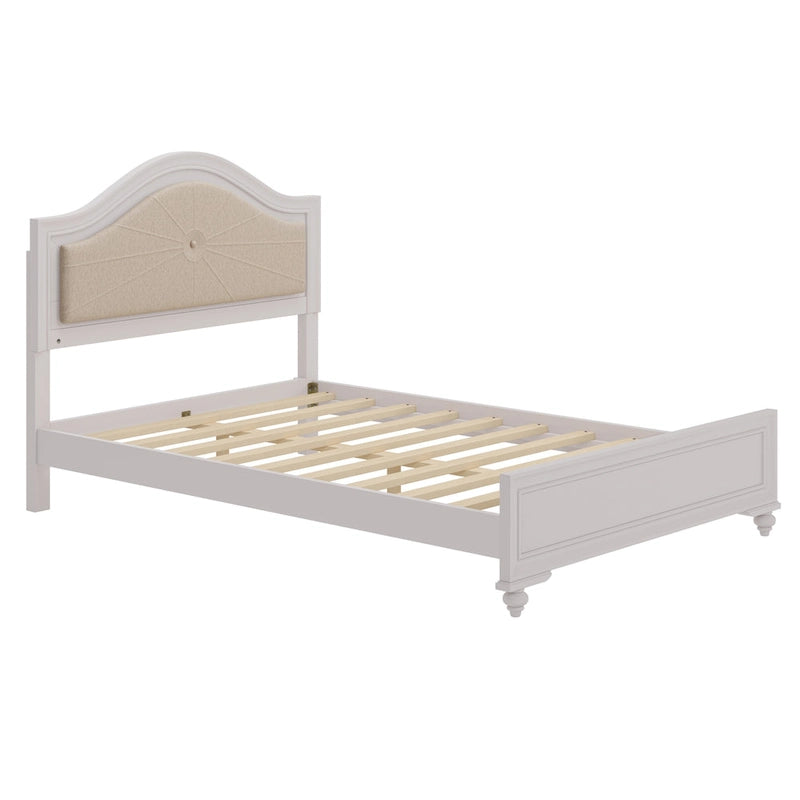 Lit double moderne en bois avec éclairage LED caché, tête de lit incurvée rembourrée, aucun sommier tapissier requis, gris crème