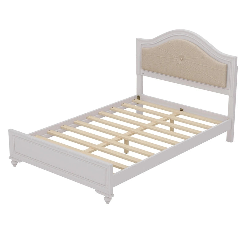 Lit double moderne en bois avec éclairage LED caché, tête de lit incurvée rembourrée, aucun sommier tapissier requis, gris crème
