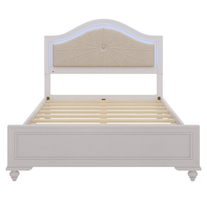 Lit double moderne en bois avec éclairage LED caché, tête de lit incurvée rembourrée, aucun sommier tapissier requis, gris crème