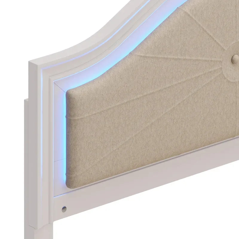 Lit double moderne en bois avec éclairage LED caché, tête de lit incurvée rembourrée, aucun sommier tapissier requis, gris crème