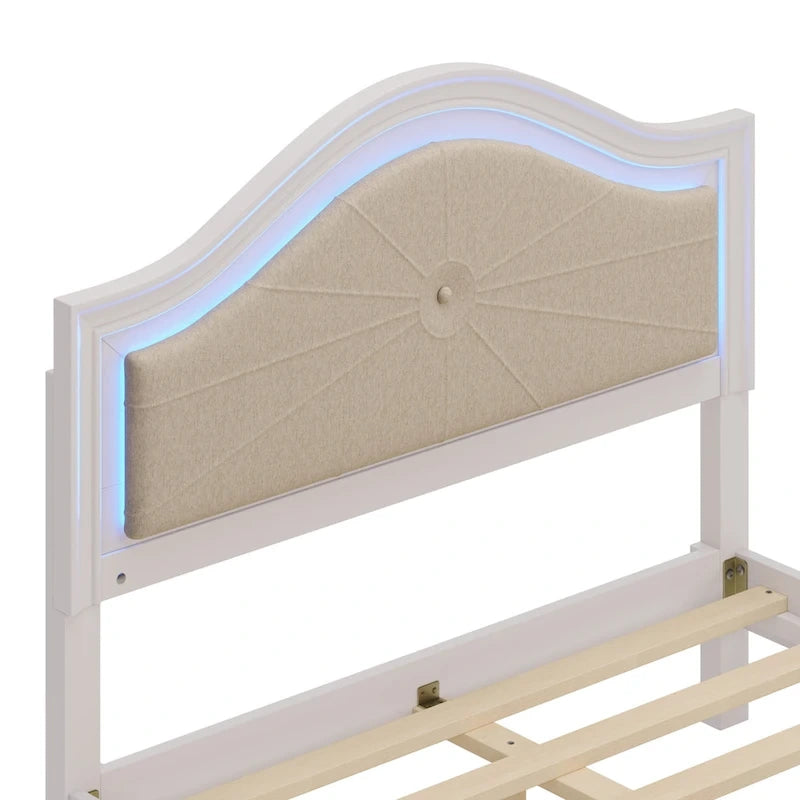 Lit double moderne en bois avec éclairage LED caché, tête de lit incurvée rembourrée, aucun sommier tapissier requis, gris crème