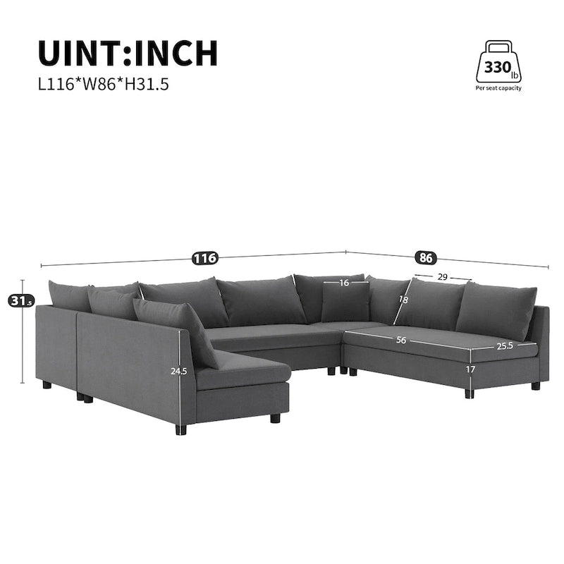 Canapé modulaire sectionnel en forme de U en chenille 116, 8 places