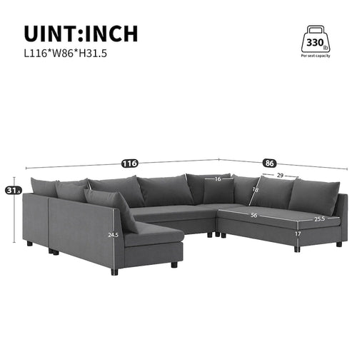 Canapé modulaire sectionnel en forme de U en chenille 116, 8 places
