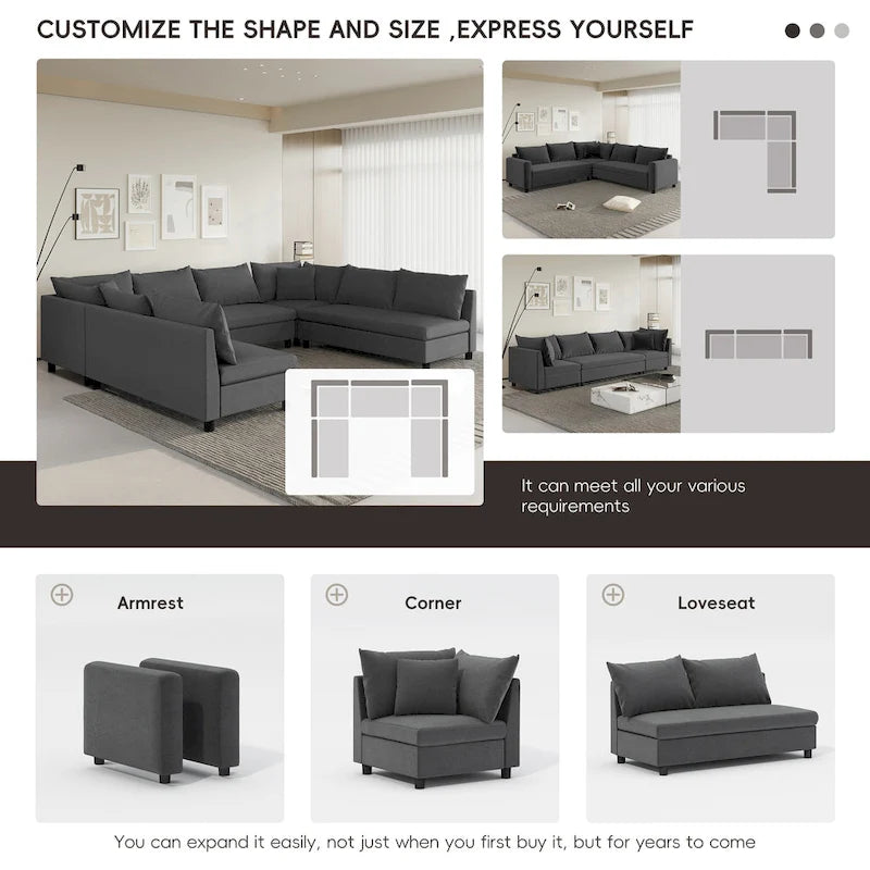 Canapé modulaire sectionnel en forme de U en chenille 116, 8 places